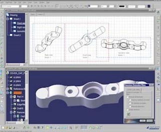 CATIA V5R2 Generative Drafting created multiple drawing views from a solid model